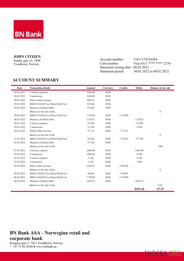 Relevé de la banque norvégienne BN